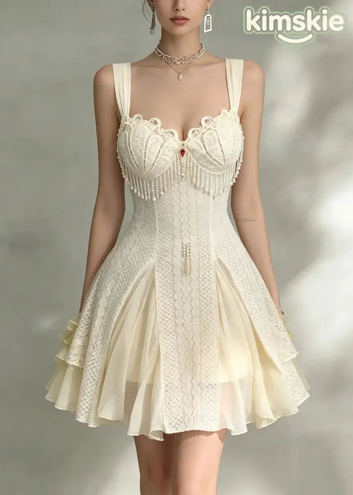 Sexy Beige Tassel Patchwork Mid Spaghetti Strap Dress Sleeveless