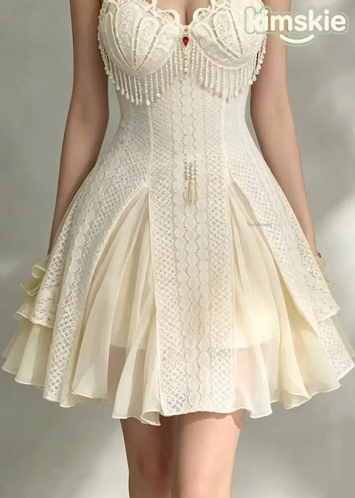 Sexy Beige Tassel Patchwork Mid Spaghetti Strap Dress Sleeveless