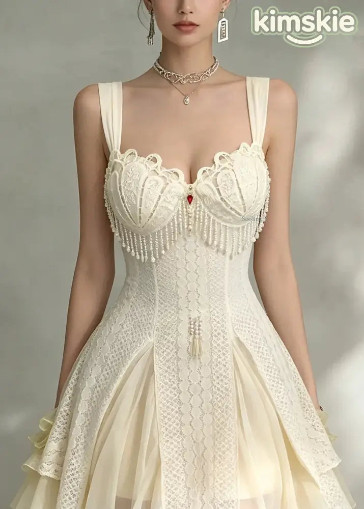 Sexy Beige Tassel Patchwork Mid Spaghetti Strap Dress Sleeveless