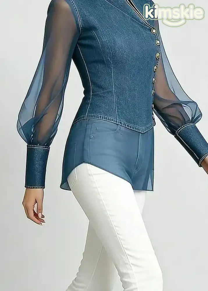 Style Blue Stand Collar Tulle Patchwork Denim Blouse Top Summer