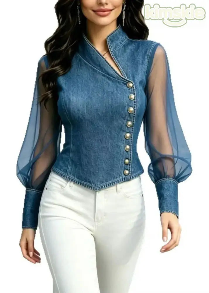 Style Blue Stand Collar Tulle Patchwork Denim Blouse Top Summer