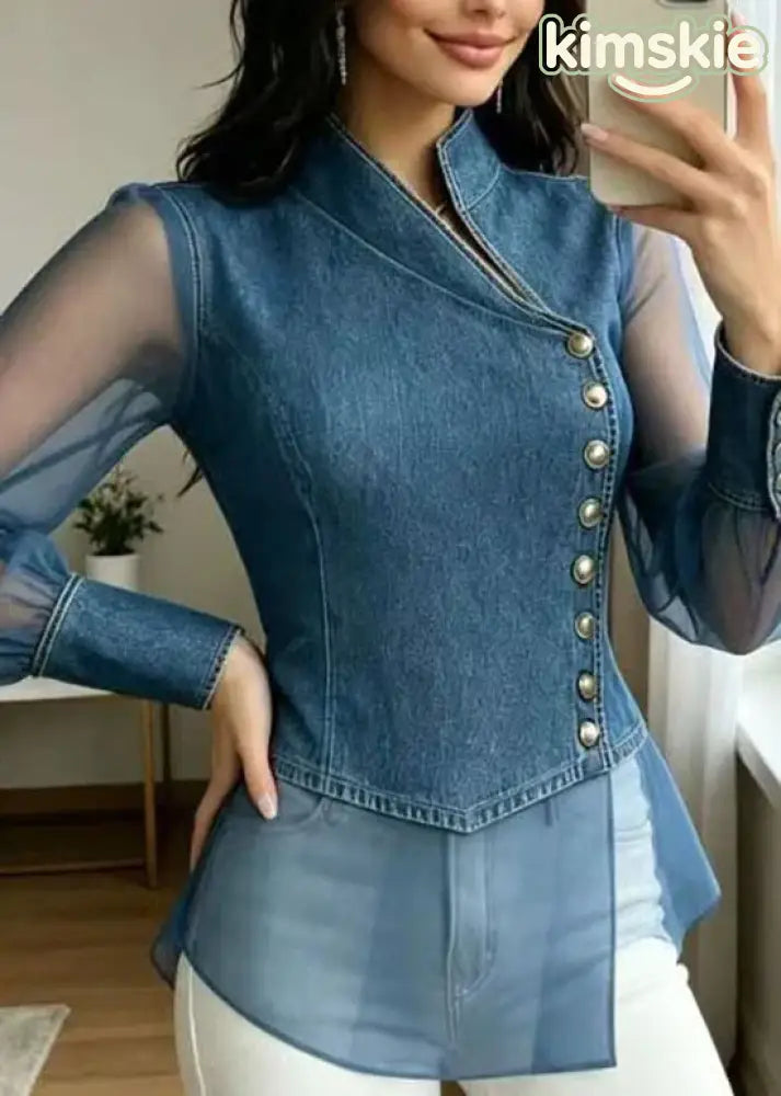 Style Blue Stand Collar Tulle Patchwork Denim Blouse Top Summer
