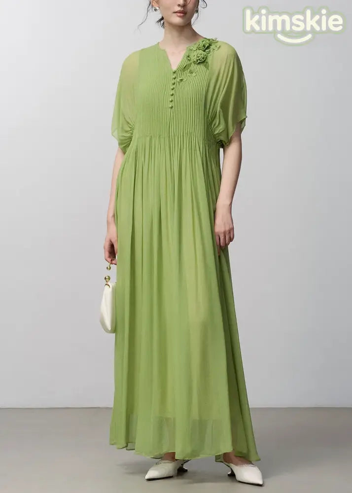 Stylish Green Floral Wrinkled Silk Long Dress Set Summer