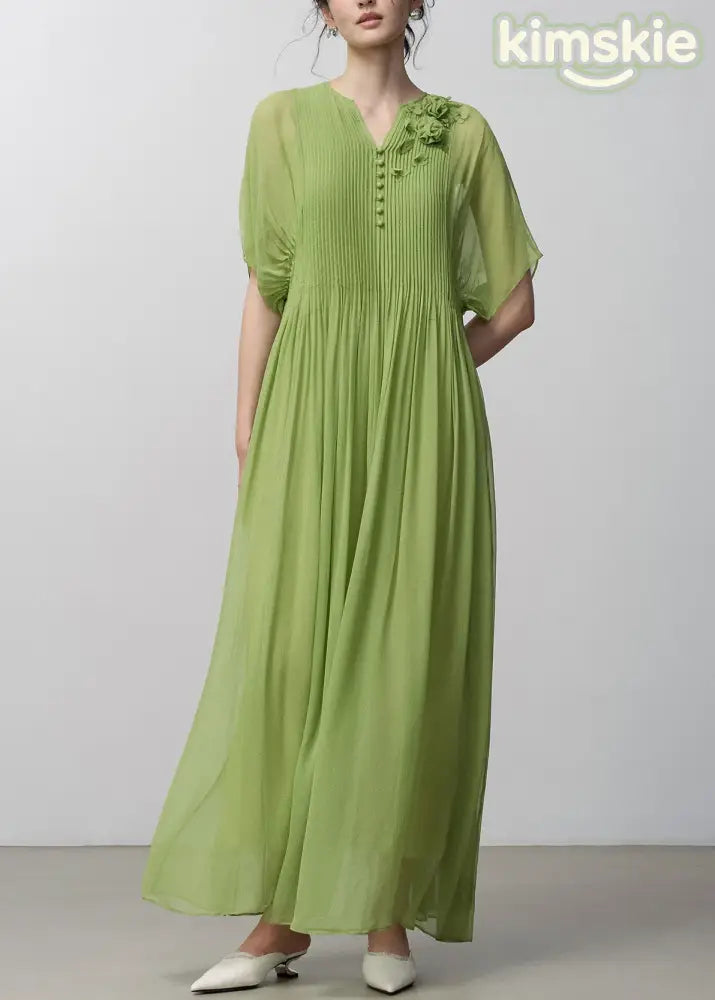 Stylish Green Floral Wrinkled Silk Long Dress Set Summer