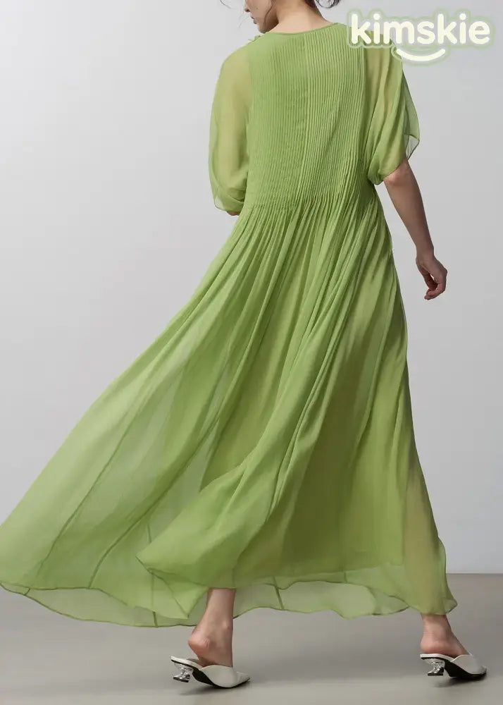 Stylish Green Floral Wrinkled Silk Long Dress Set Summer