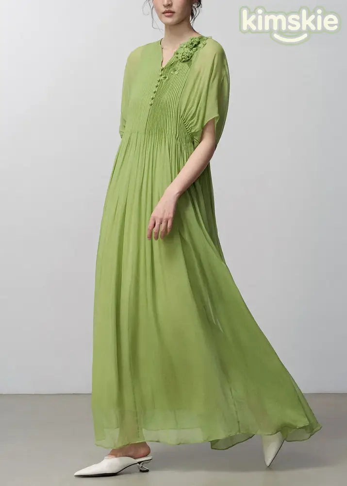 Stylish Green Floral Wrinkled Silk Long Dress Set Summer
