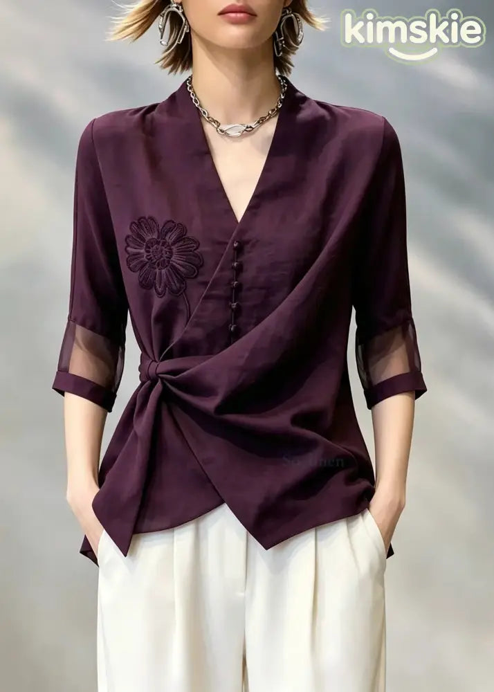 Stylish Purple V Neck Embroidered Floral Shirt Tops Bracelet Sleeve