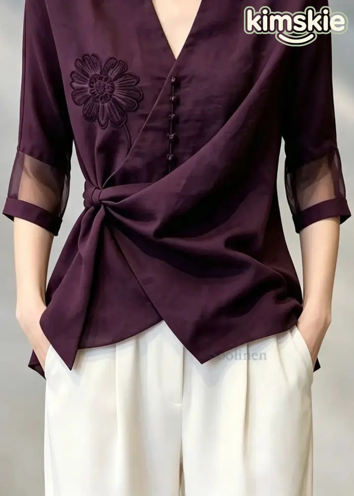 Stylish Purple V Neck Embroidered Floral Shirt Tops Bracelet Sleeve