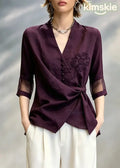 Stylish Purple V Neck Embroidered Floral Shirt Tops Bracelet Sleeve