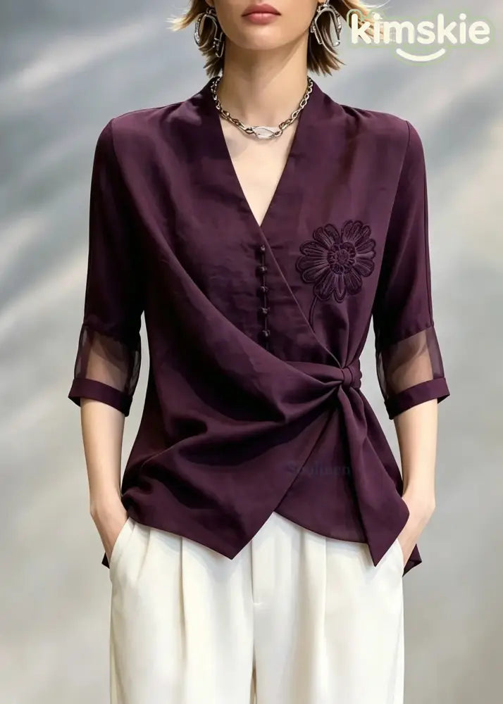 Stylish Purple V Neck Embroidered Floral Shirt Tops Bracelet Sleeve
