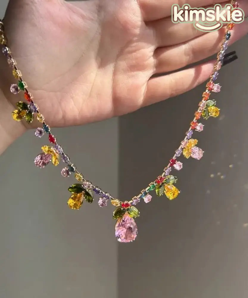 Stylish Rainbow Alloy Zircon Floral Crystal Water Droplet Pendant Necklace And Drop Earrings Two-Piece Set