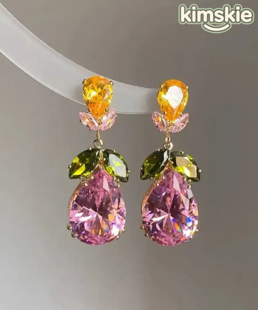 Stylish Rainbow Alloy Zircon Floral Crystal Water Droplet Pendant Necklace And Drop Earrings Two-Piece Set