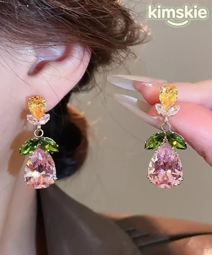 Stylish Rainbow Alloy Zircon Floral Crystal Water Droplet Pendant Necklace And Drop Earrings Two-Piece Set