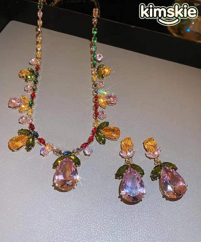Stylish Rainbow Alloy Zircon Floral Crystal Water Droplet Pendant Necklace And Drop Earrings Two-Piece Set