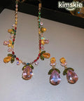 Stylish Rainbow Alloy Zircon Floral Crystal Water Droplet Pendant Necklace And Drop Earrings Two-Piece Set