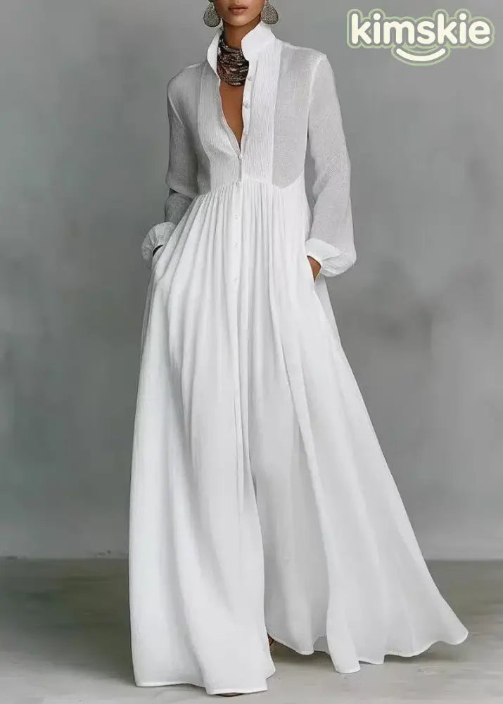 Stylish White Peter Pan Collar Patchwork Cotton Exra Large Hem Dresses Fall