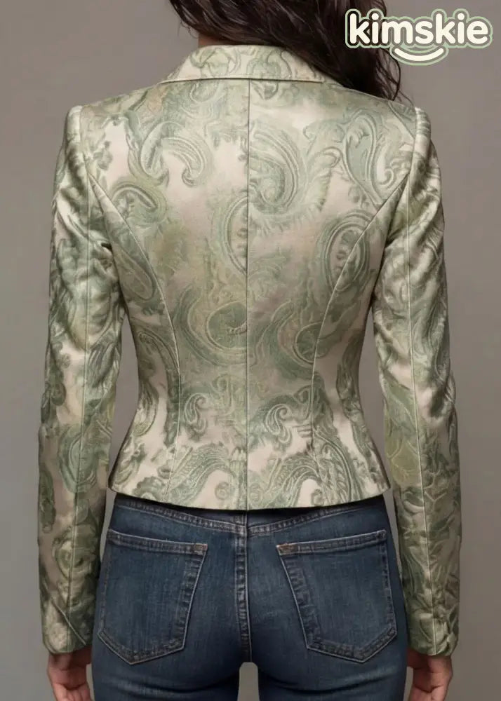 Unique Light Green Peter Pan Collar Print Button Cotton Suit Coat Fall