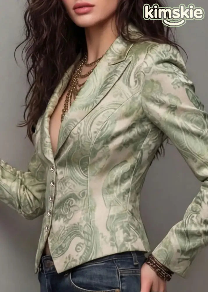 Unique Light Green Peter Pan Collar Print Button Cotton Suit Coat Fall