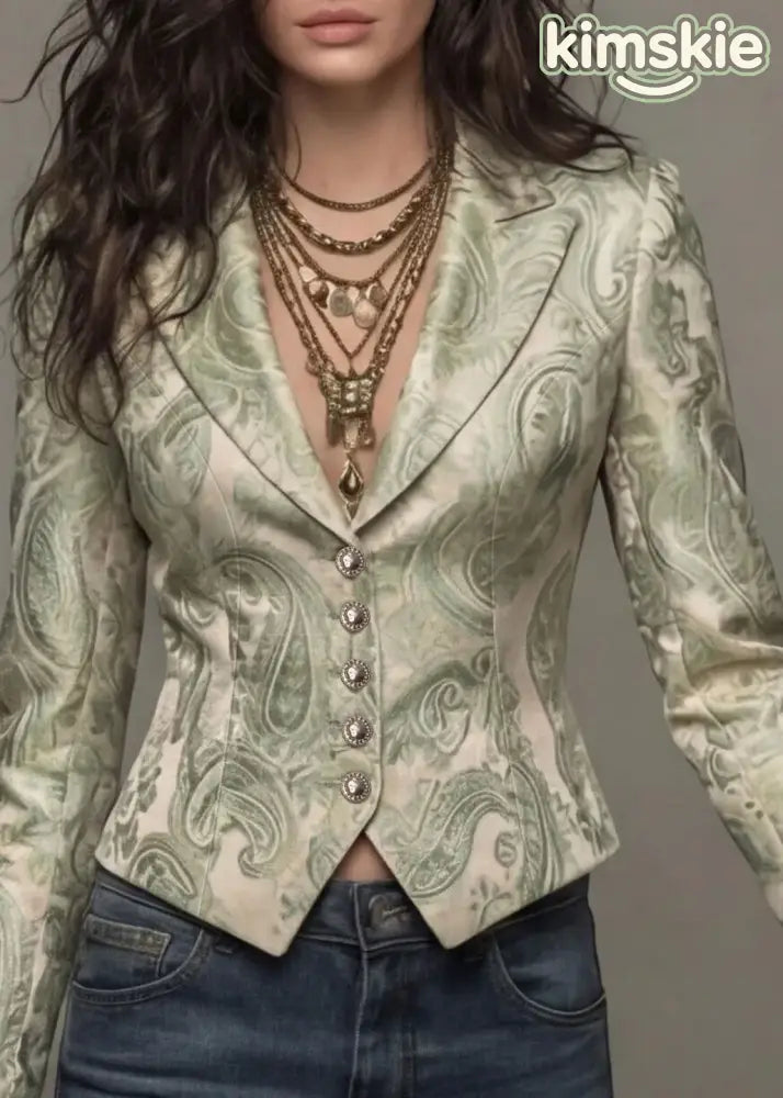 Unique Light Green Peter Pan Collar Print Button Cotton Suit Coat Fall