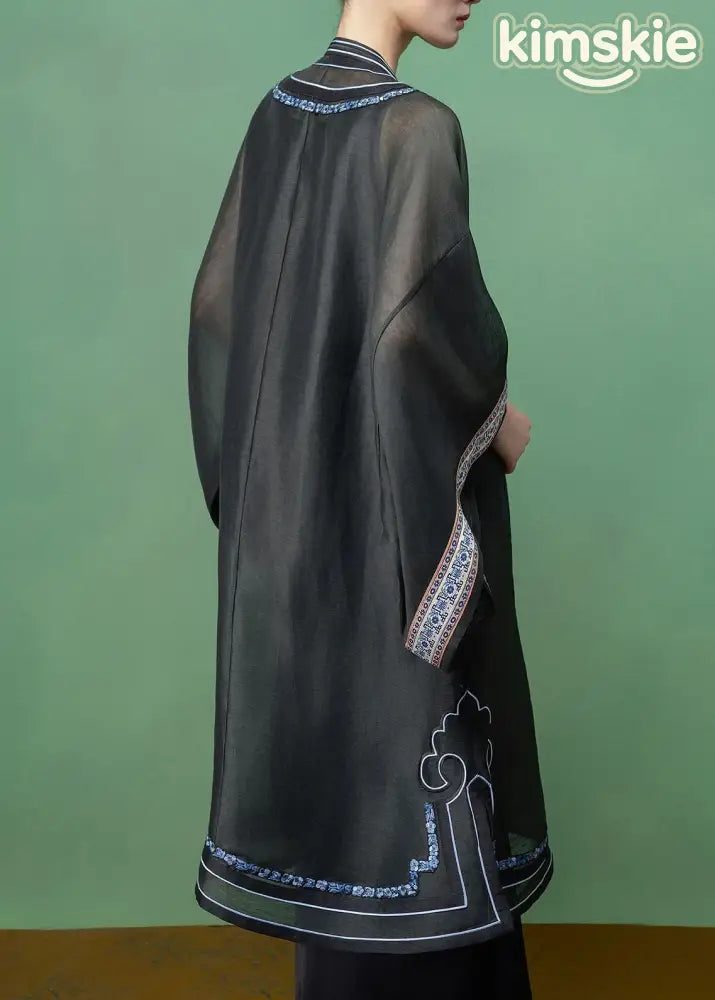 Vintage Dark Grey Embroidered Patchwork Linen Silk Long Shirts Fall