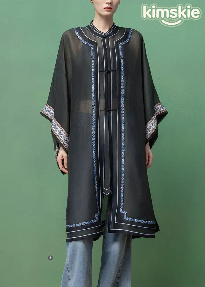 Vintage Dark Grey Embroidered Patchwork Linen Silk Long Shirts Fall