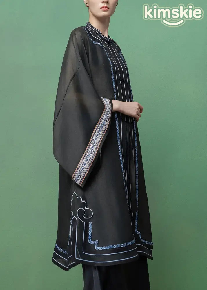Vintage Dark Grey Embroidered Patchwork Linen Silk Long Shirts Fall
