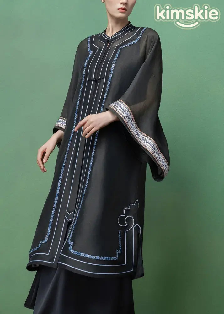 Vintage Dark Grey Embroidered Patchwork Linen Silk Long Shirts Fall
