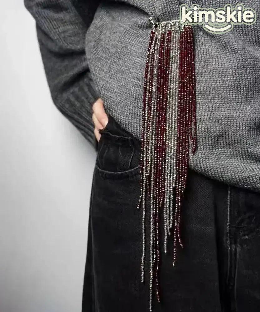 Vintage Silver Red Alloy Imitation Crystal Tassel Seed Beads Brooches