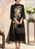 Women Black Stand Collar Embroidered Silk Long Dress Summer