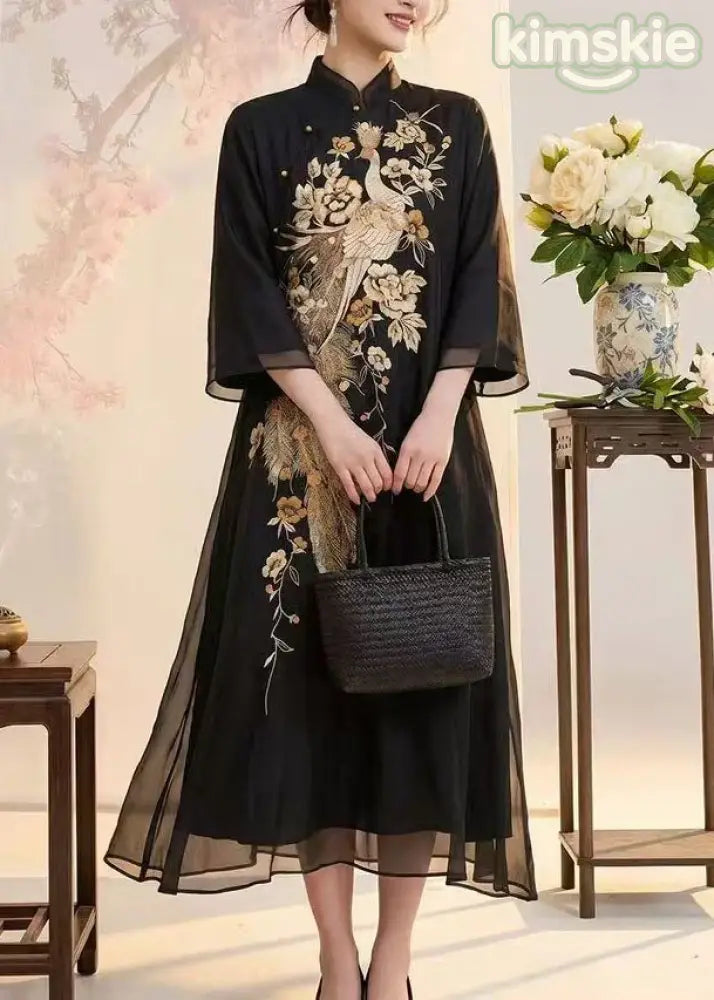 Women Black Stand Collar Embroidered Silk Long Dress Summer