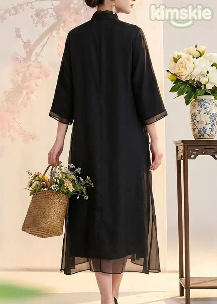 Women Black Stand Collar Embroidered Silk Long Dress Summer