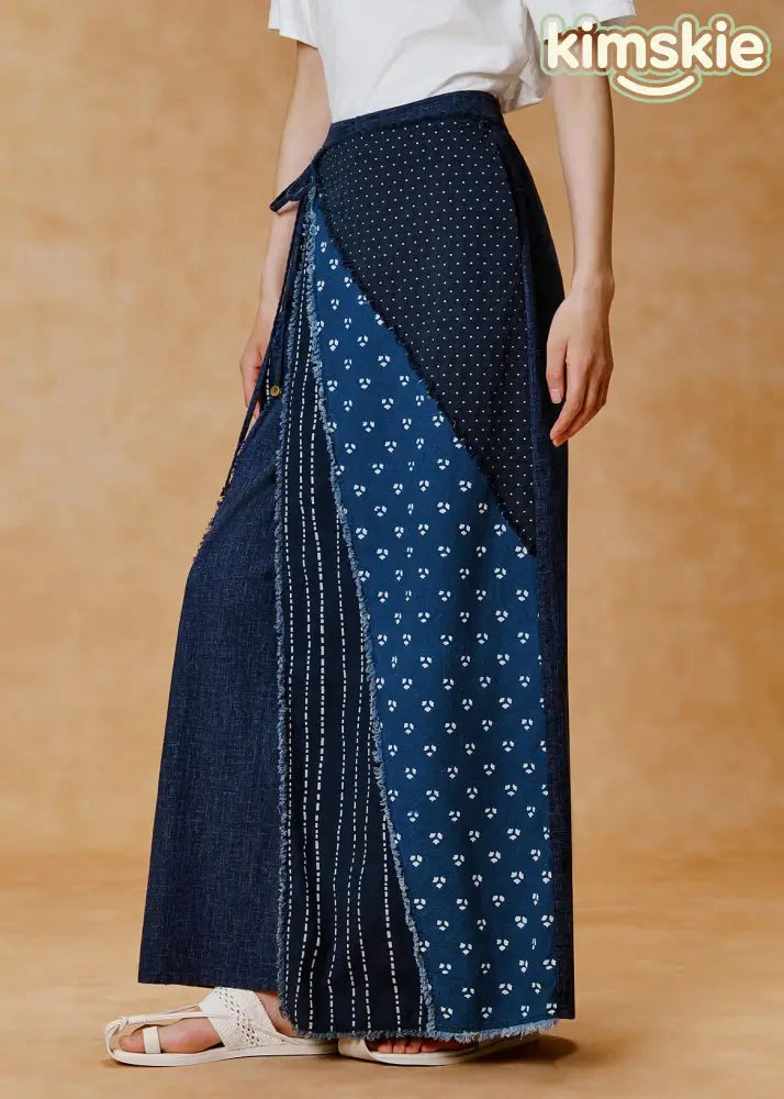 Women Blue Print Patchwork Cotton Wide Leg Pants Fall