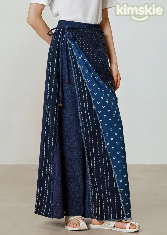 Women Blue Print Patchwork Cotton Wide Leg Pants Fall