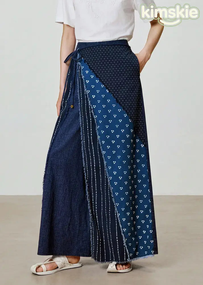 Women Blue Print Patchwork Cotton Wide Leg Pants Fall