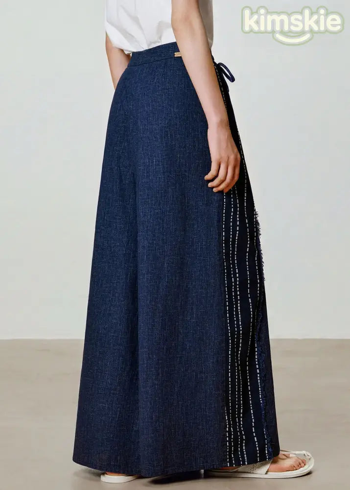 Women Blue Print Patchwork Cotton Wide Leg Pants Fall
