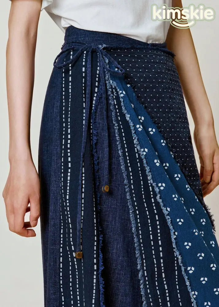 Women Blue Print Patchwork Cotton Wide Leg Pants Fall