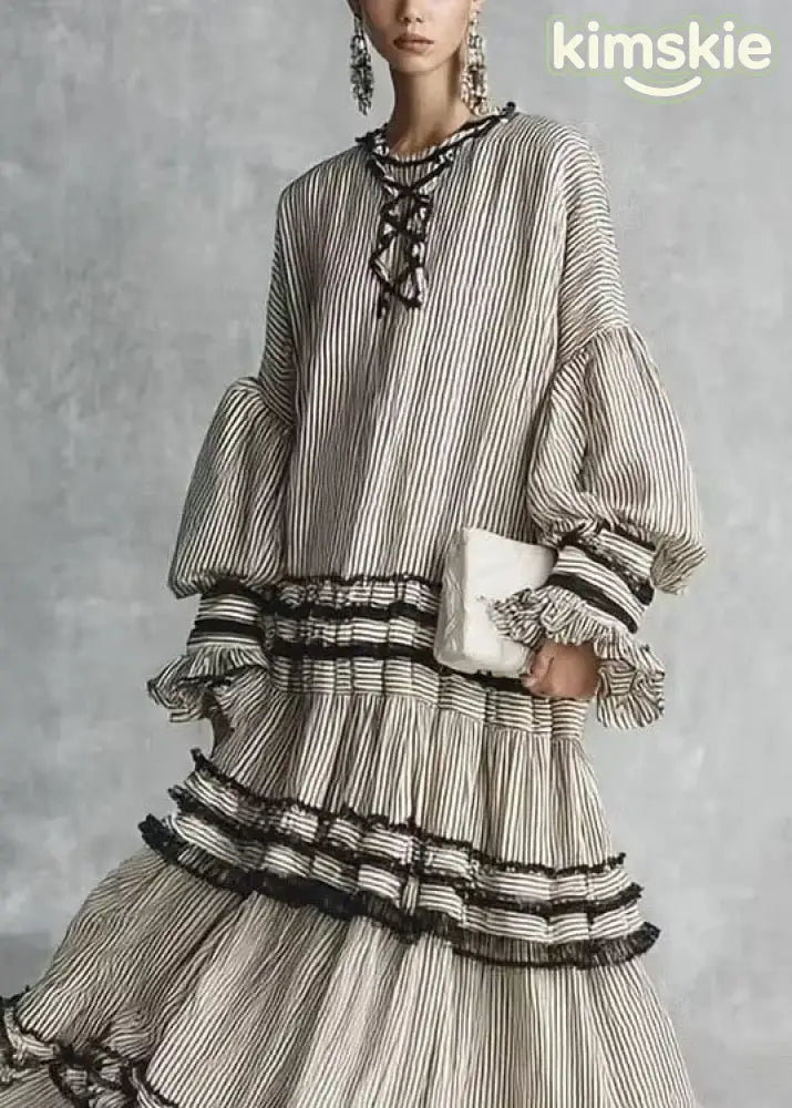 Women Grey Puff Sleeve Striped Ruffled Patchwork Cotton Dresses Fall