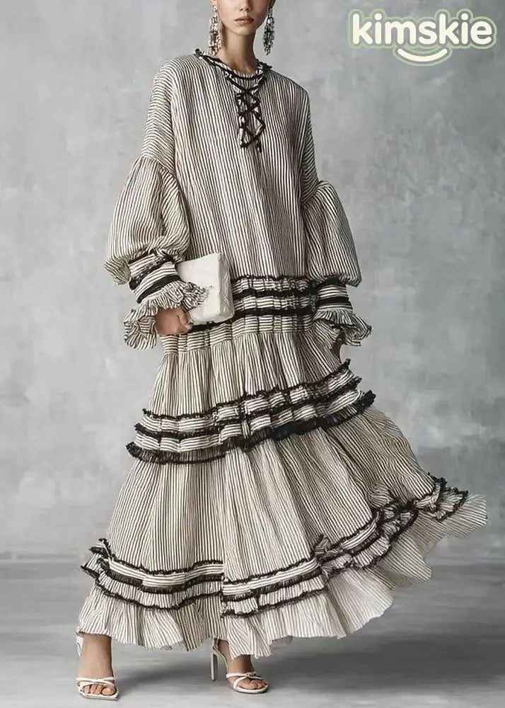 Women Grey Puff Sleeve Striped Ruffled Patchwork Cotton Dresses Fall