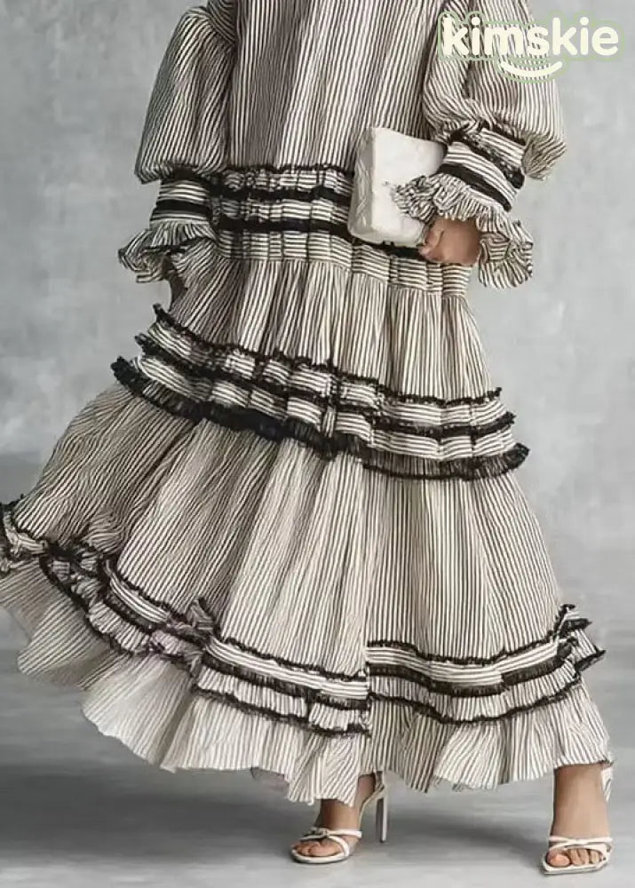 Women Grey Puff Sleeve Striped Ruffled Patchwork Cotton Dresses Fall