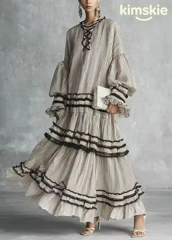Women Grey Puff Sleeve Striped Ruffled Patchwork Cotton Dresses Fall