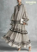 Women Grey Puff Sleeve Striped Ruffled Patchwork Cotton Dresses Fall