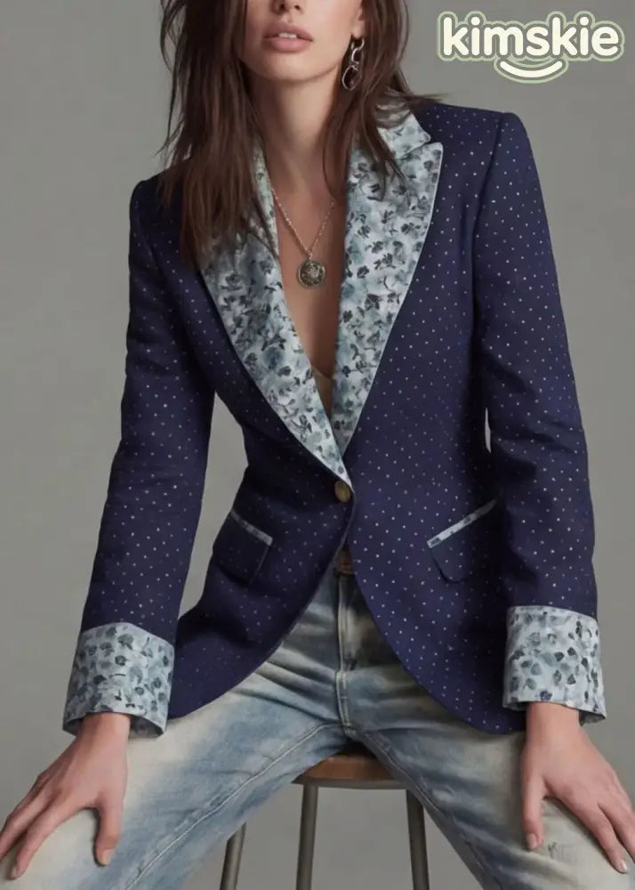 Women Navy Peter Pan Collar Print Patchwork Cotton Suit Coat Fall