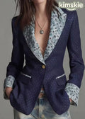 Women Navy Peter Pan Collar Print Patchwork Cotton Suit Coat Fall