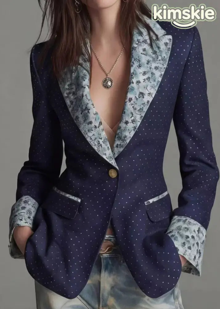 Women Navy Peter Pan Collar Print Patchwork Cotton Suit Coat Fall