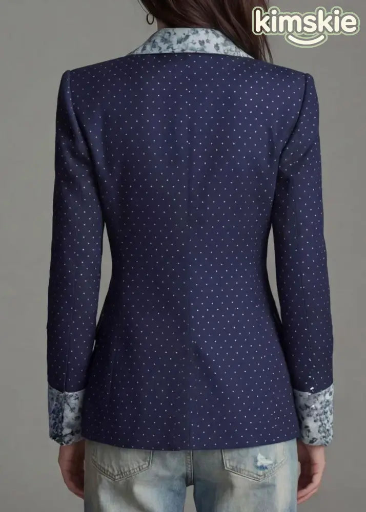 Women Navy Peter Pan Collar Print Patchwork Cotton Suit Coat Fall