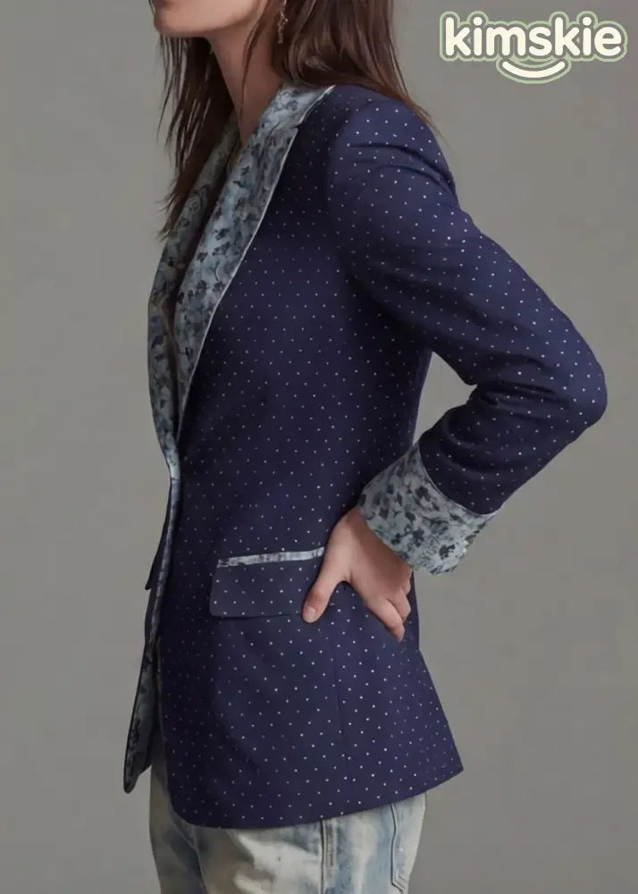 Women Navy Peter Pan Collar Print Patchwork Cotton Suit Coat Fall