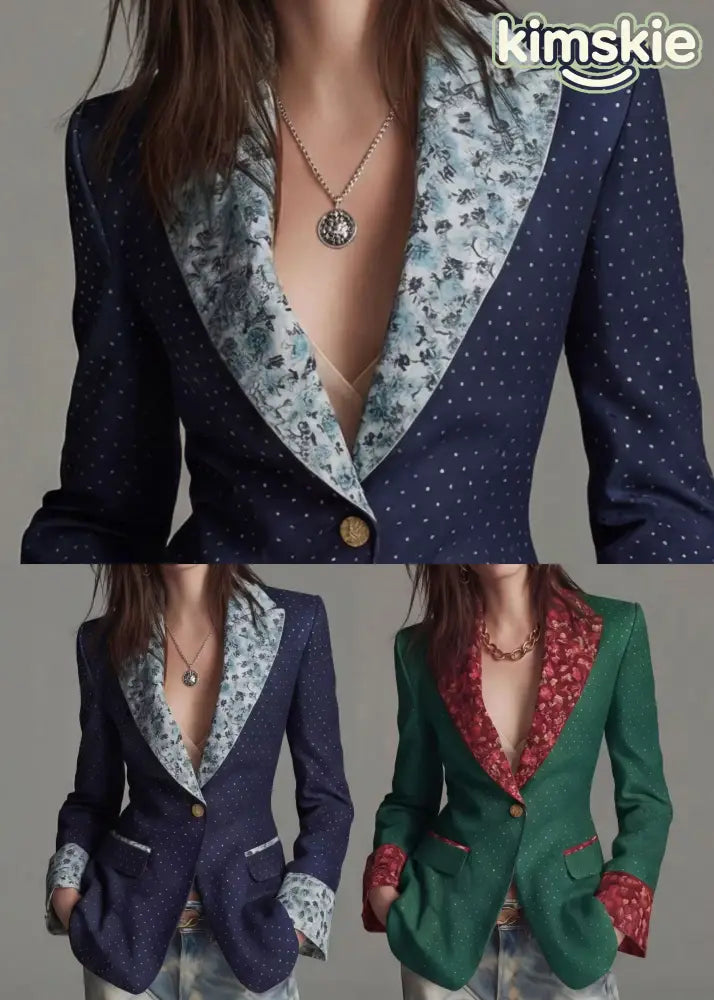 Women Navy Peter Pan Collar Print Patchwork Cotton Suit Coat Fall