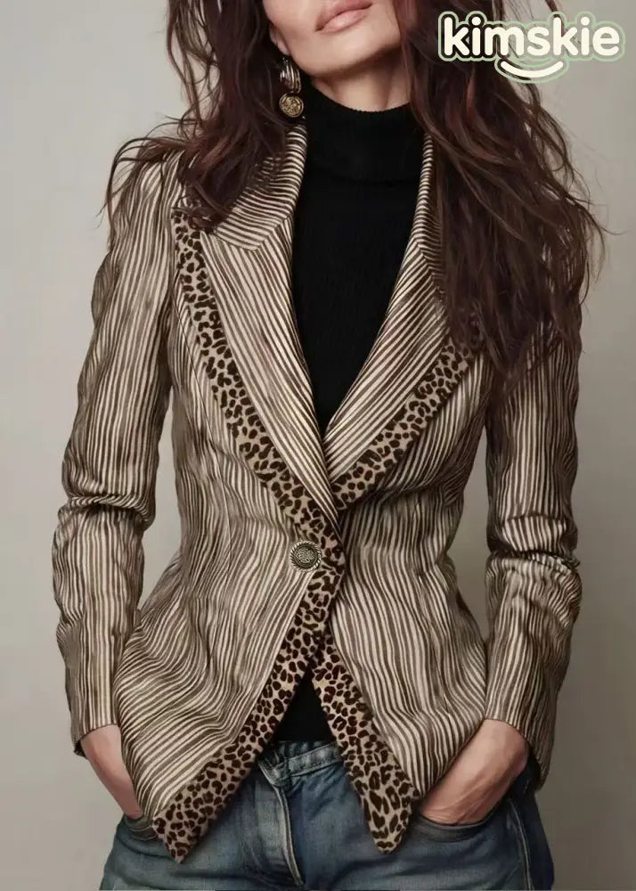 Women Navy Peter Pan Collar Striped Patchwork Cotton Suit Coats Fall