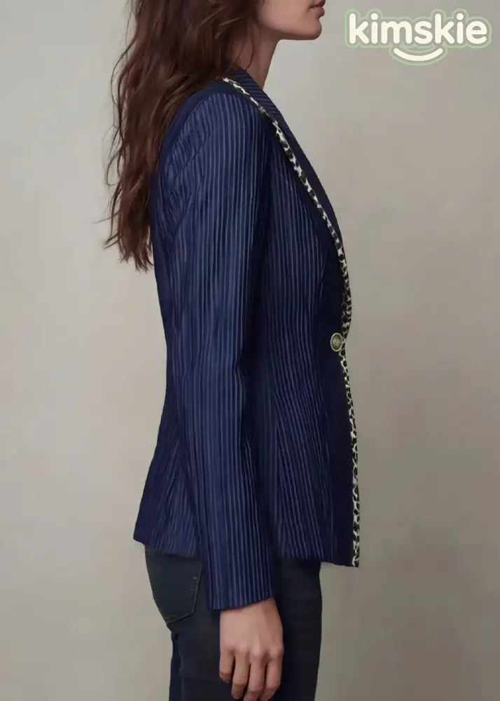 Women Navy Peter Pan Collar Striped Patchwork Cotton Suit Coats Fall