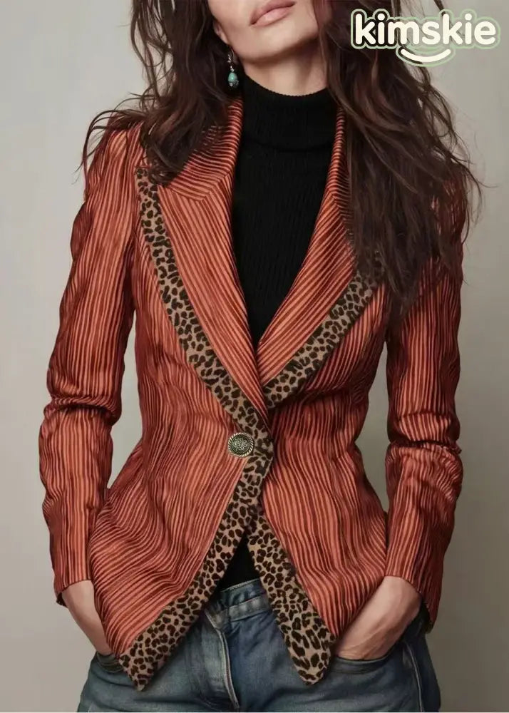 Women Navy Peter Pan Collar Striped Patchwork Cotton Suit Coats Fall